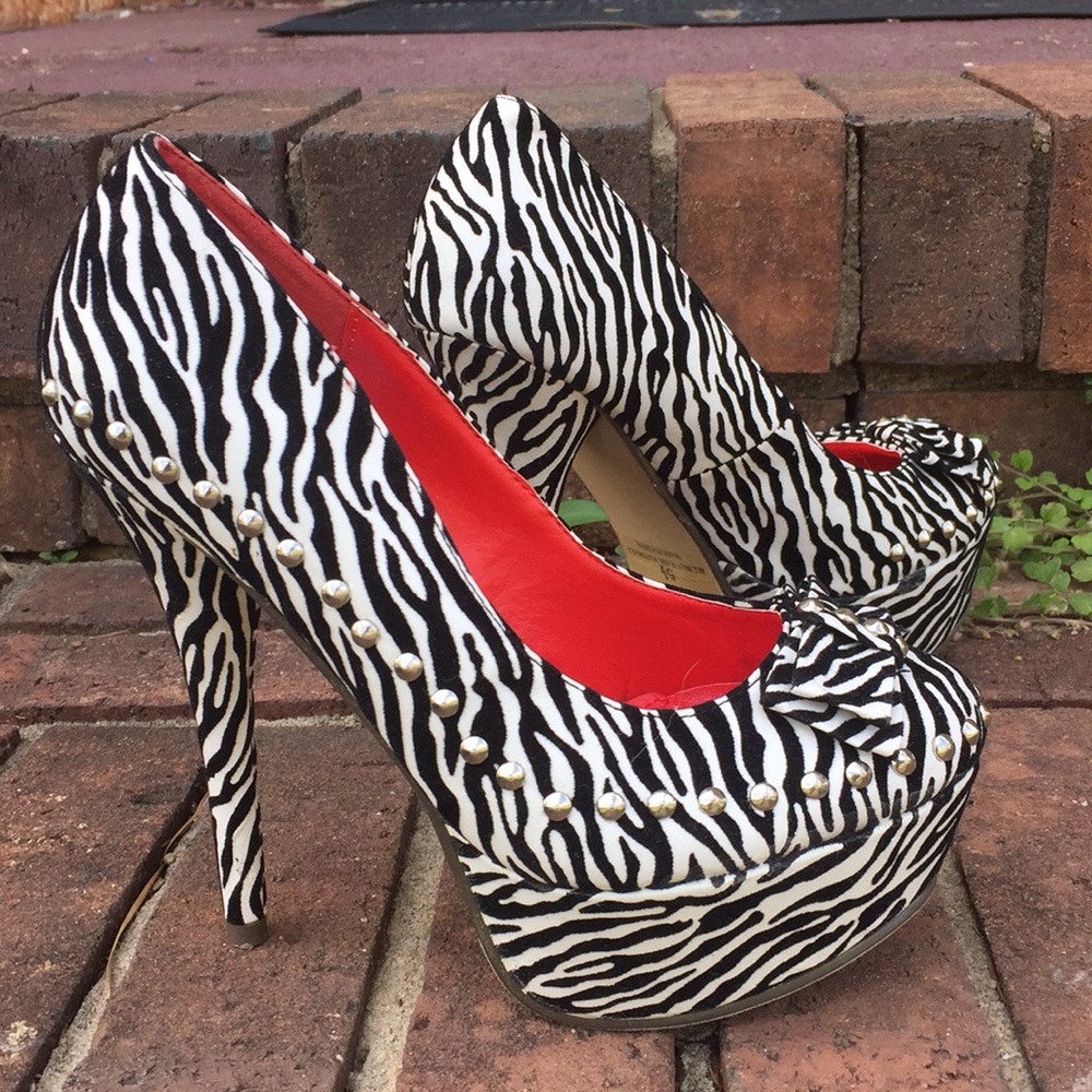Zebra Print Stud Platform Closed Toe Sexy Heels - image 1